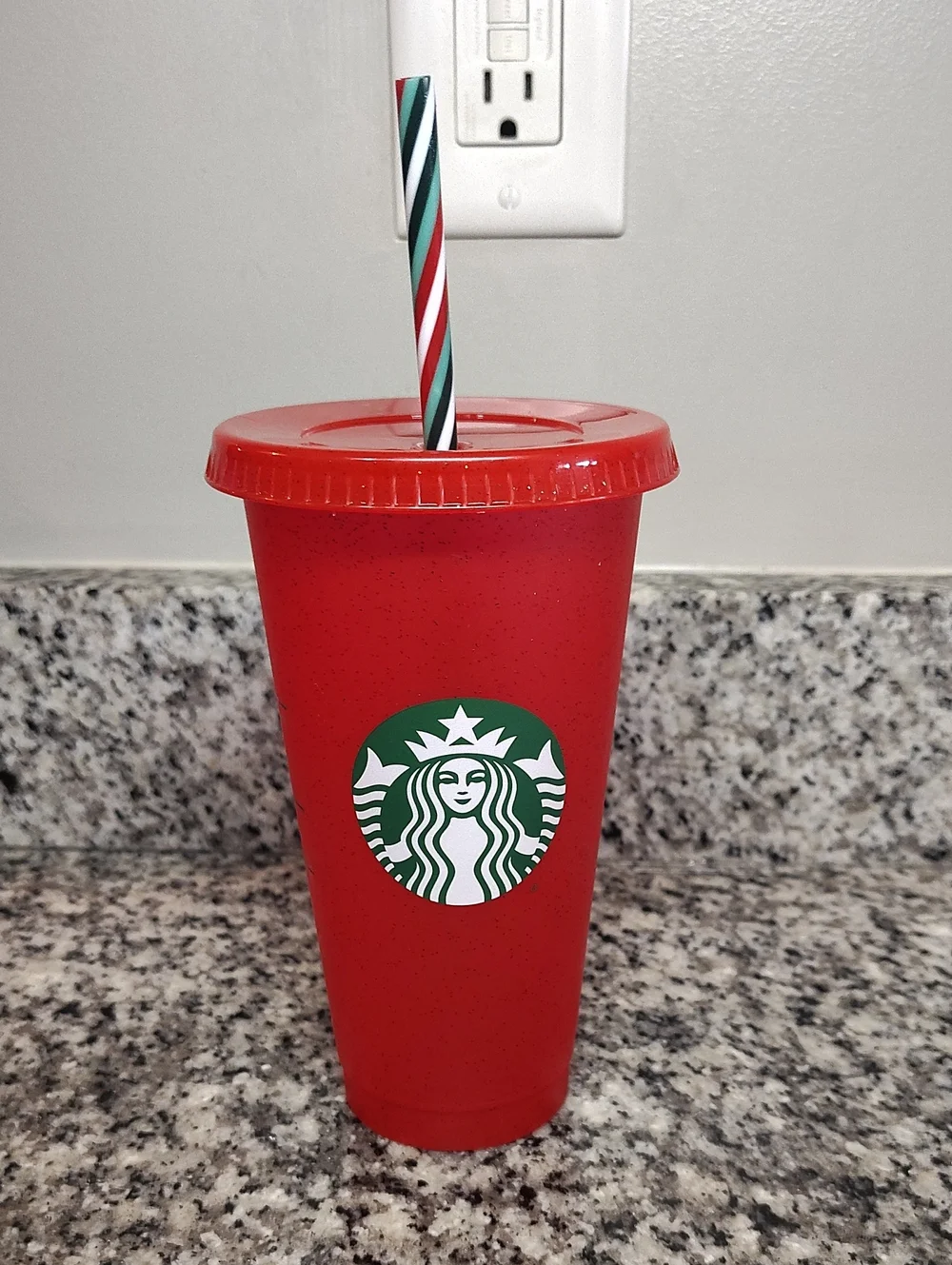 Starbucks Red Tumbler with Green Logo and Striped Straw